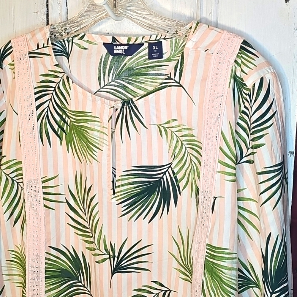 Lands' End Womens Pink White Stripe Green Tropical Palm Cotton Tunic Blouse XL